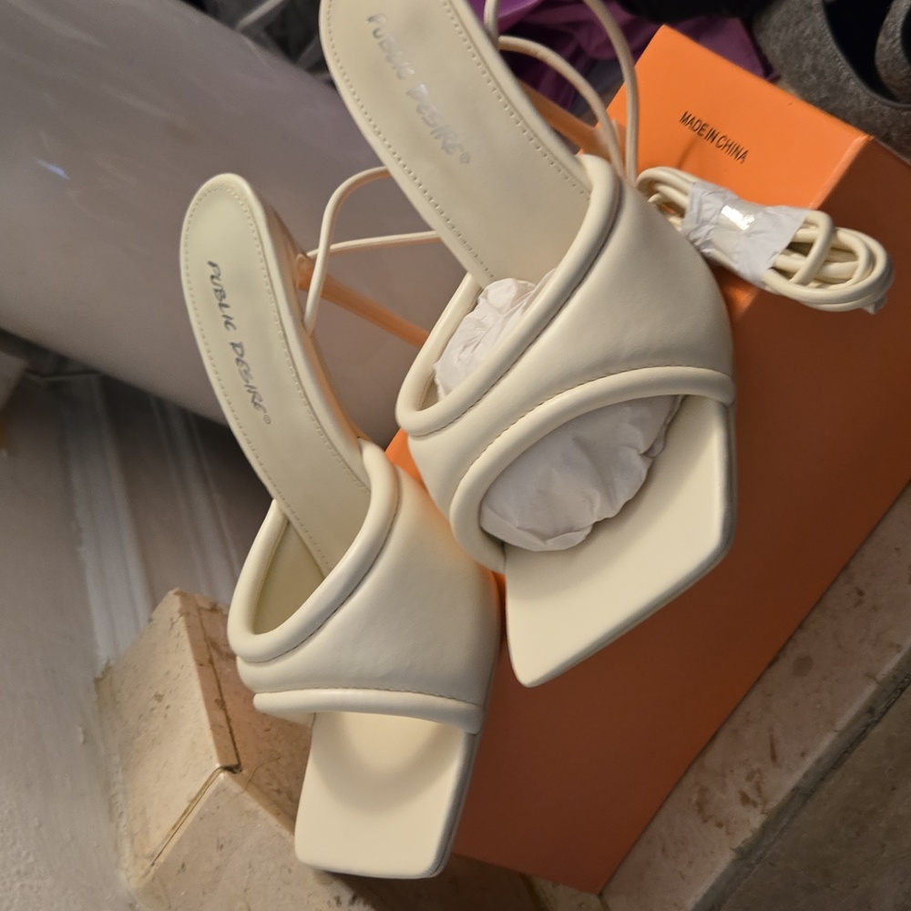 Public Desire Cream Padded Square Toe Lace-Up Heels | Size 8.5